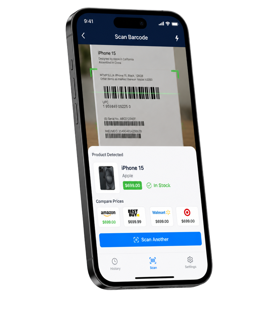 Phone scanning a product barcode to compare prices across retailers